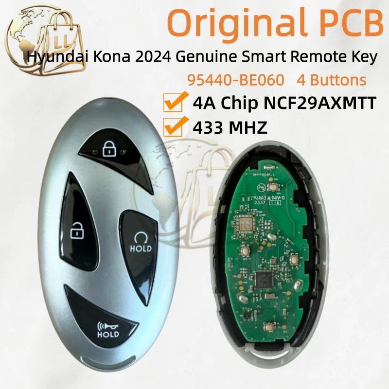 For Hyundai Kona ID 4A Chip 433 MHz 2024 Genuine PCB Smart Remote Key 4 Buttons 95440-BE060 After Market Key Shell