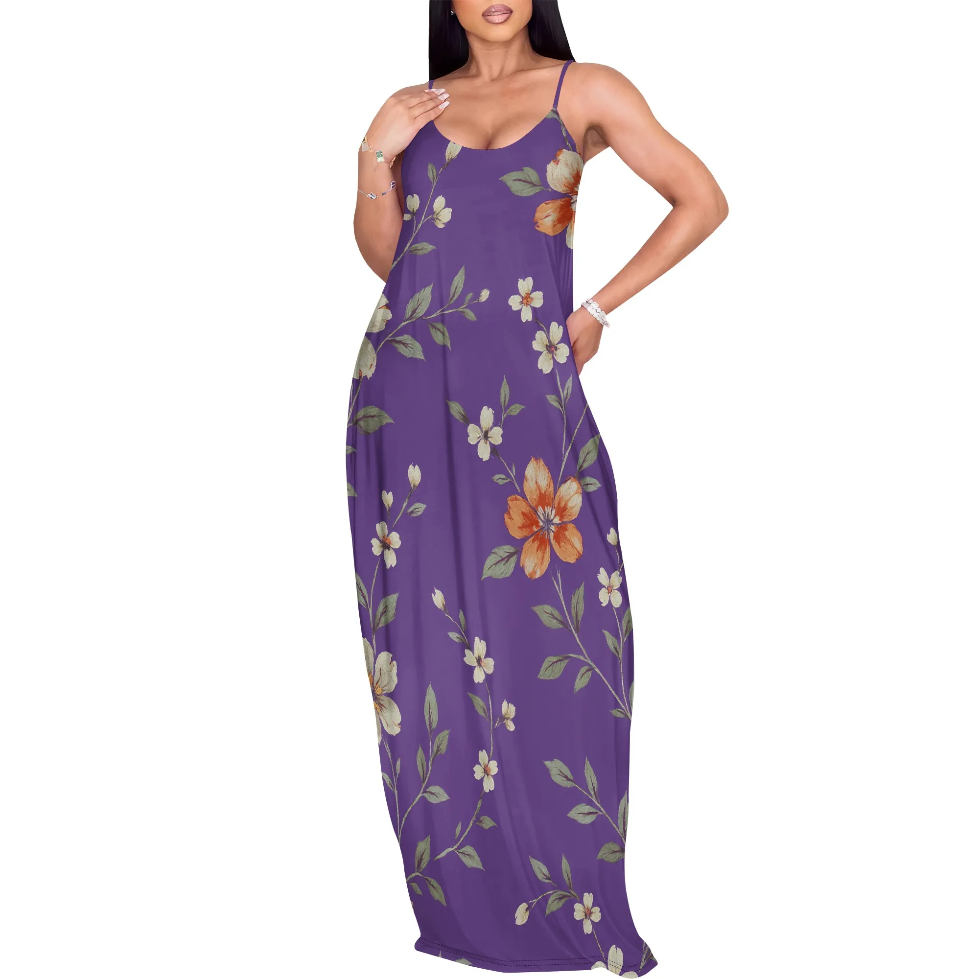 ชุด Maxi สําหรับผู้หญิงเซ็กซี่สบายๆดอกไม้พิมพ์สปาเก็ตตี้ปรับได้ยาวฤดูร้อนปาร์ตี้คลับ Sundress พร้อมกระเป๋า