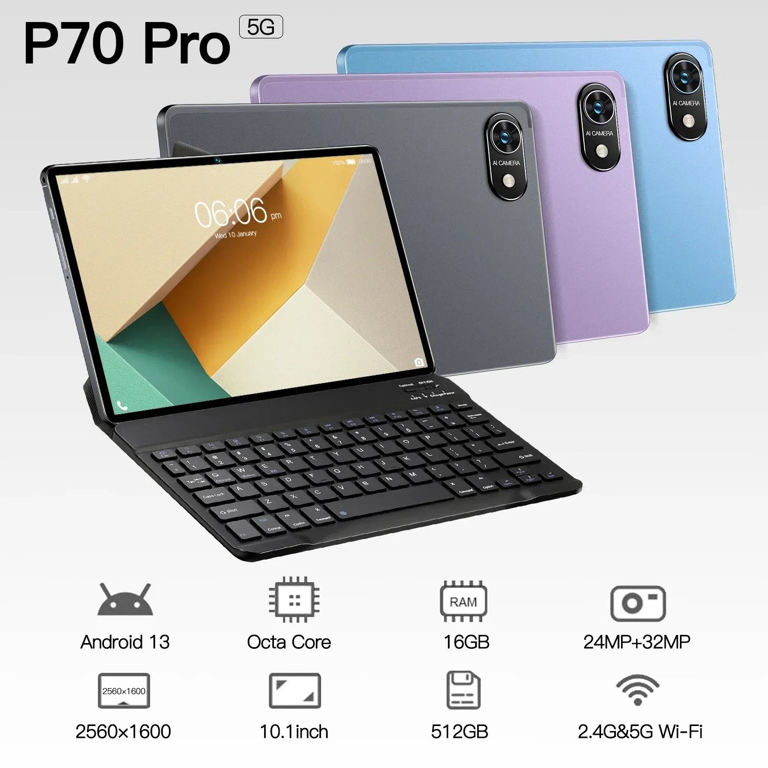 P70 Pro Game Tablet - High-end Android 13 Tablet with 10.1'' HD Dual-SIM, 16GB+12000mAh Battery, GPS, 24MP+32MP Camera