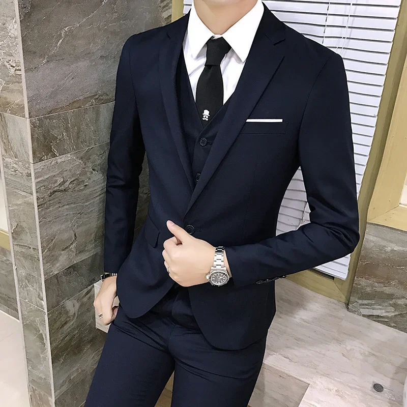 Suit  Fashionable and formal outdoor gentleman solid-color men's business wedding hosting banquets casual and fitted gentle suit