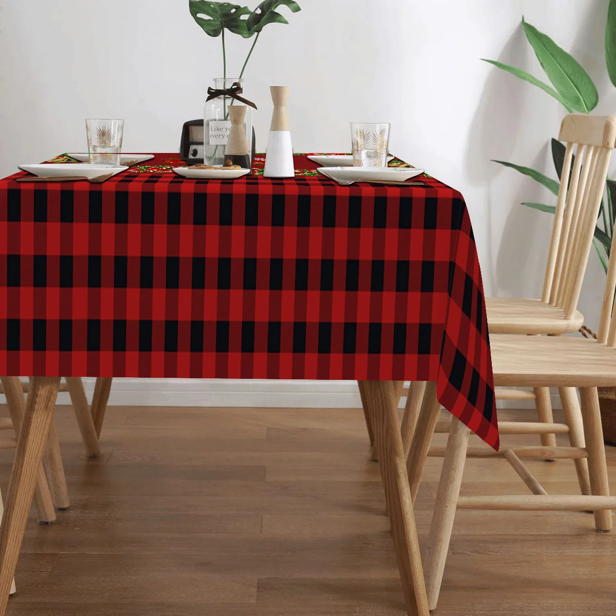 Christmas Themed Rectangle Tablecloth Winter Xmas Bell Buffalo Plaid Table Cloth Holiday Wedding Party Decor Navidad Decorations