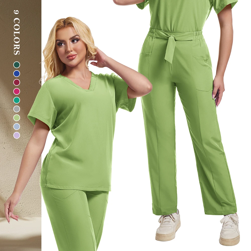 Nova moda com decote em v conjunto de roupas de trabalho de enfermeira feminino hospital médico manga curta uniforme de cirurgia dentária oral médico esfrega conjuntos