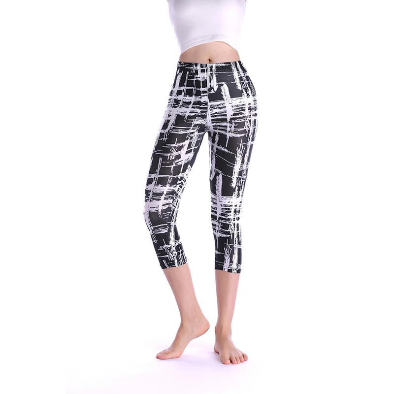 Calças estampadas florais de cintura alta feminina, leggings fitness para senhora, elásticas, finas, curtas, capris, alta qualidade