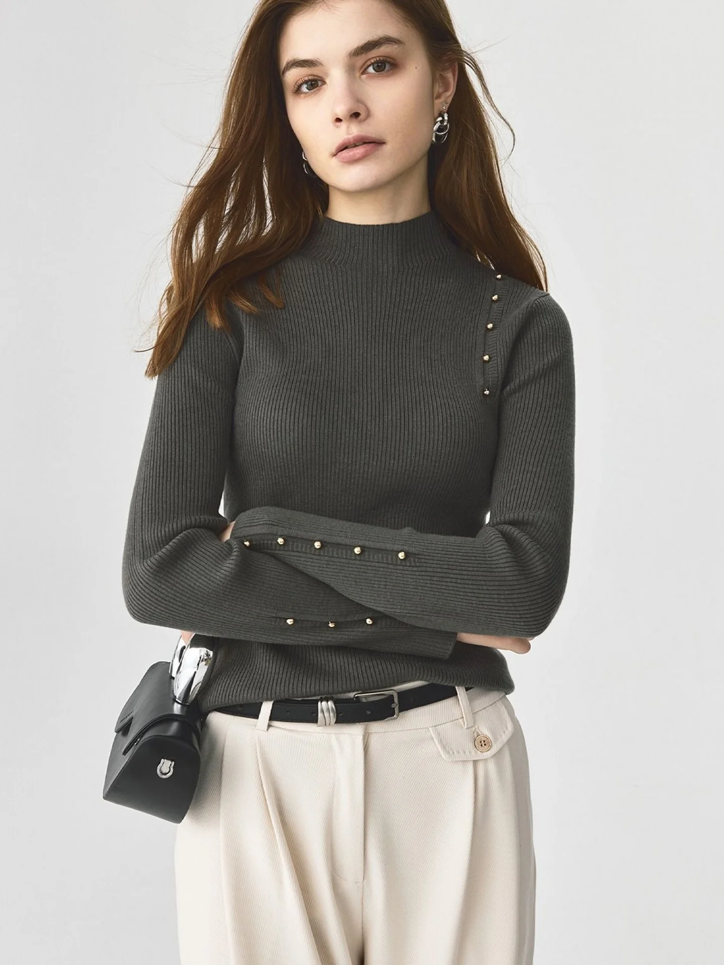 

Slimming Long Sve Comfortable Knitwear Ele Sle Bead Design Winter High-End Feeling Faionable Sweater Korean Sle