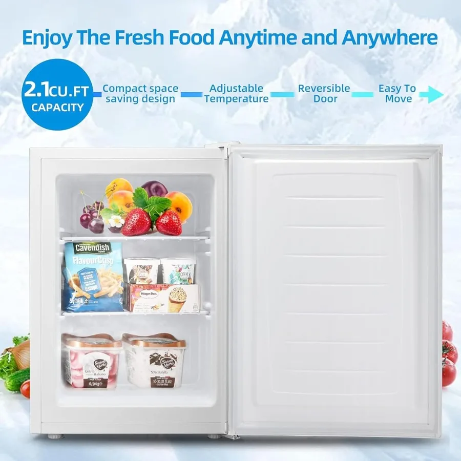 2.1 Cu.ft Small Upright Freezer Compact Mini Freezer with Removable Shelves Adjustable Thermostat Reversible Door Hinge Quiet O
