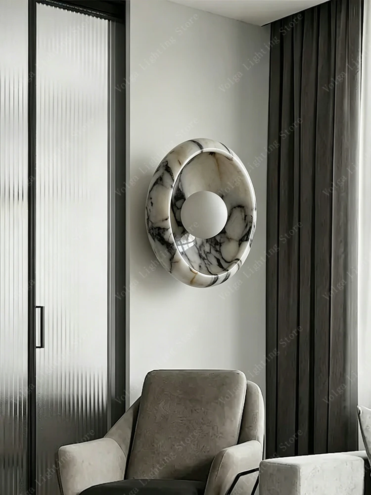 2026 Luxury Modern Wall Lamp Natural Jade Stone Sconce Lamps, Elegant Home Decor Round Marble Background Lights Mirror Bathroom