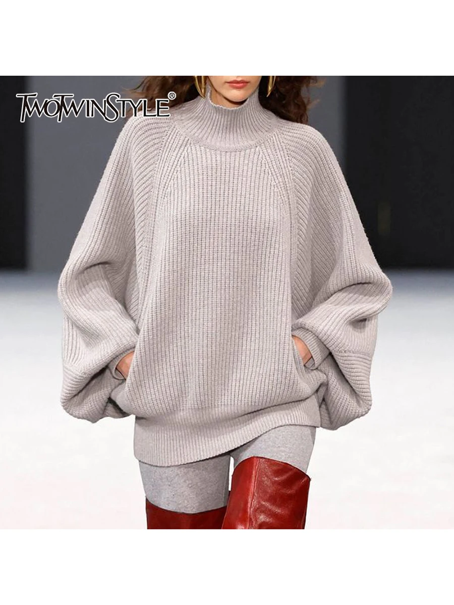 

TWOTWINSTYLE Solid Loose Spliced Pockets Casual Sweaters for Women High Neck Long Sleeves Minimalist Sweater Female Clothing New