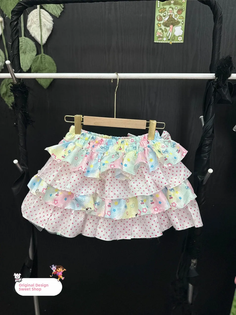 Handmade Original Three-Color Print Pink Polka Dot  Knot Puffy Skirt Cake Skirt Sweet Style Loose Fit Daily Wear