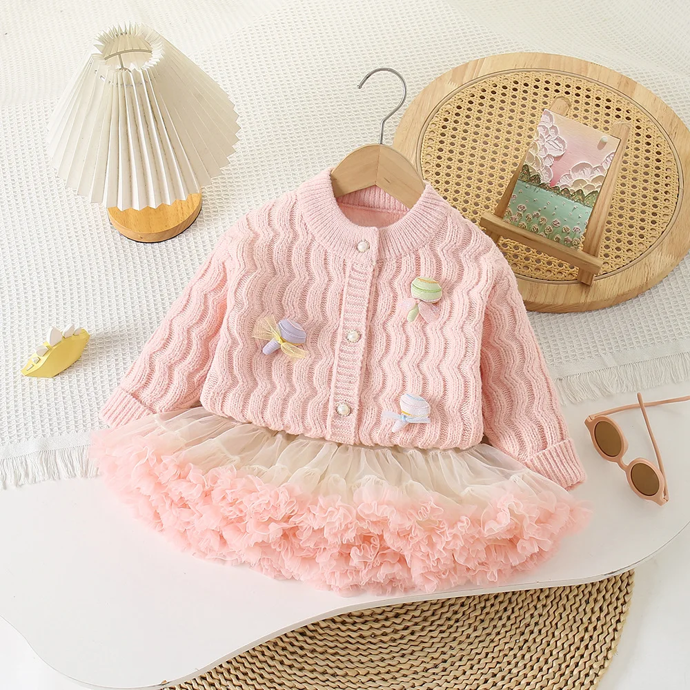 

Girls Knitted Clothes Sets Spring Autumn 2024 Children Woolen Jersey Sweaters Skirts 2pcs Tutu Dress Suit For Baby Outfits Kids