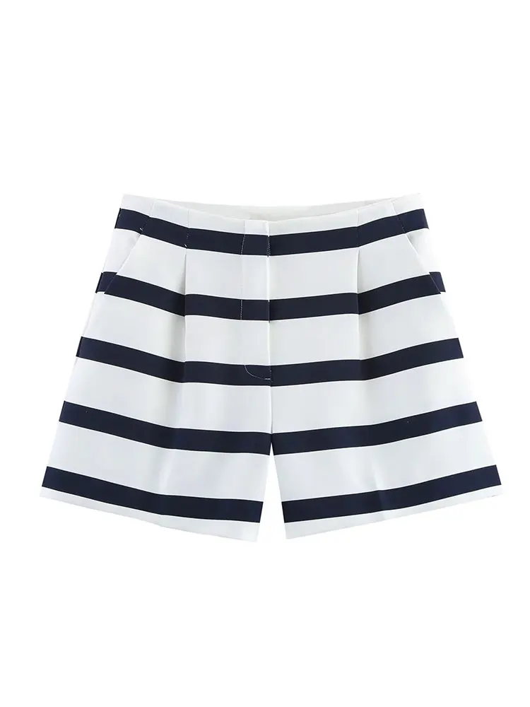 NLZGMSJ 2025 بدلة نسائية صيفية أنيقة غير رسمية شريطية برقبة دائرية وأكمام قصيرة شورت فضفاض مستقيم أطقم موضة جديدة