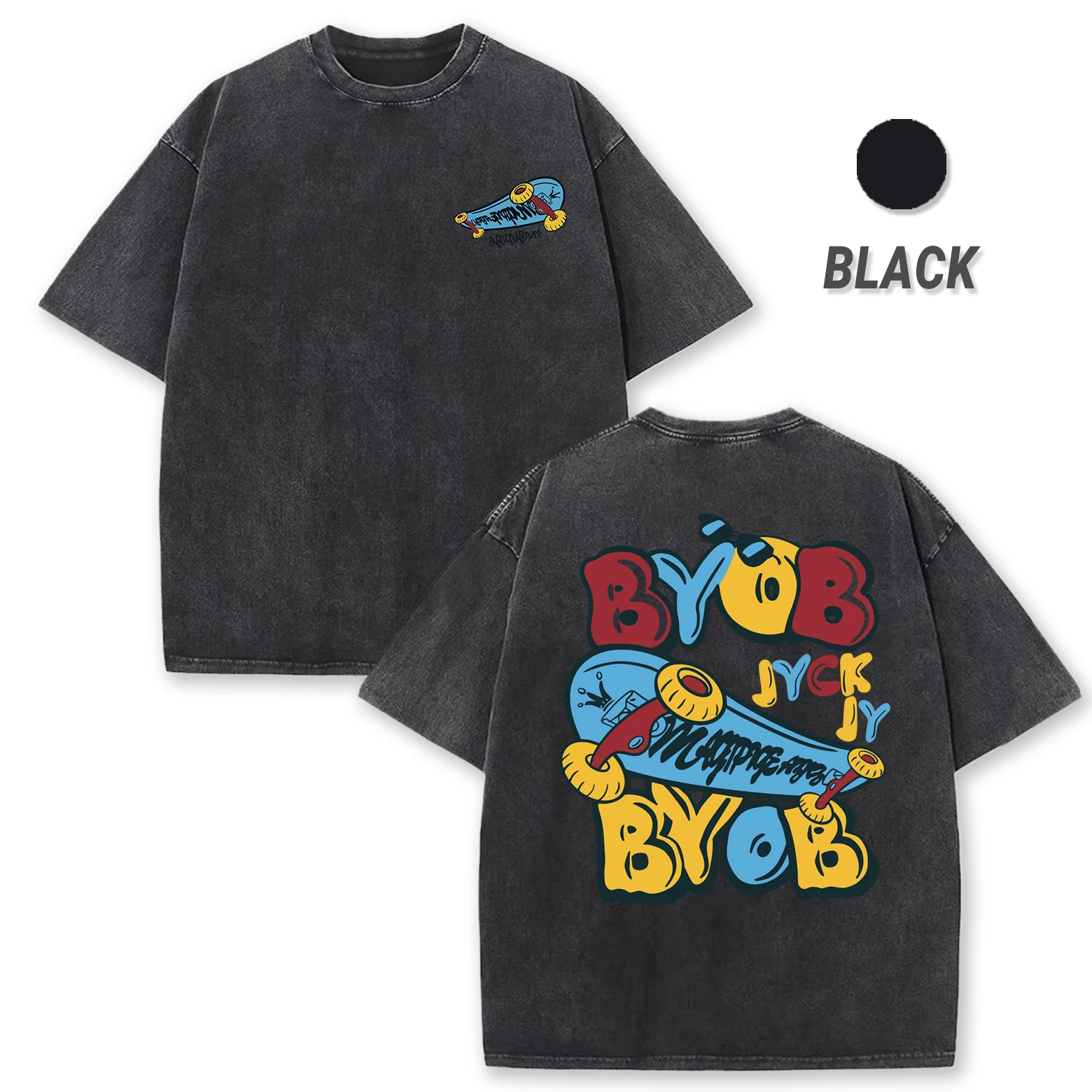 

Byob Скейтборд с мультяшным принтом, потертые футболки, мужские летние хлопковые футболки, универсальная повседневная мягкая свободная уличная одежда с короткими рукавами