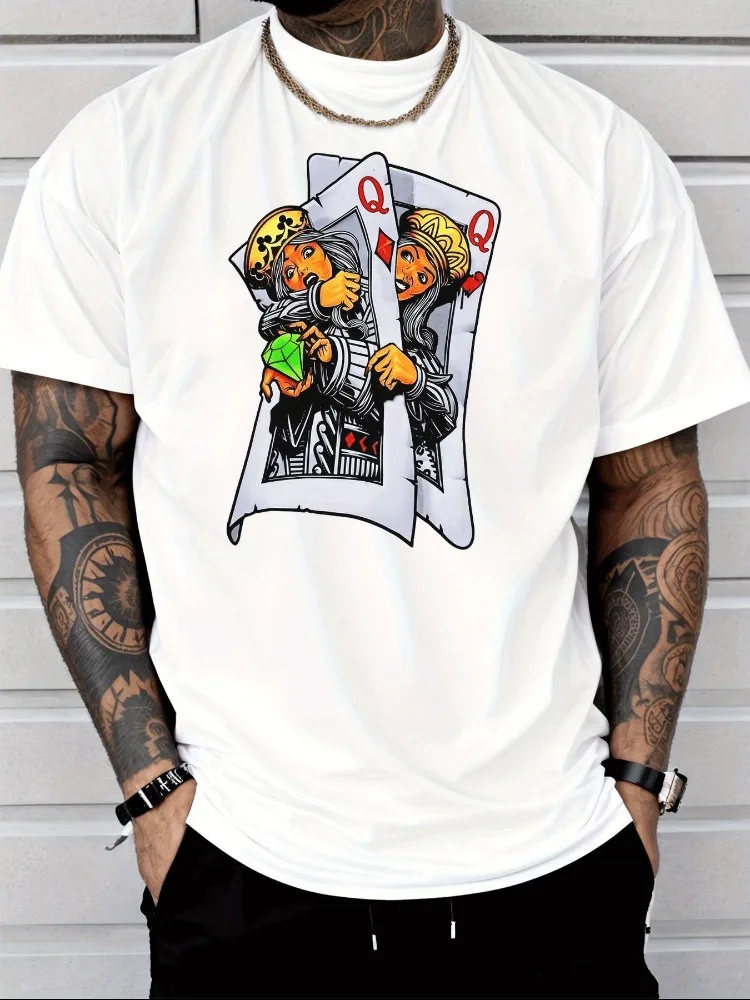 Men Summer Crew Neck Short Sleeve T Shirt Queen Playing Card Diamond Graphic Print Casual Loose Streetwear Daily Fashion Tops