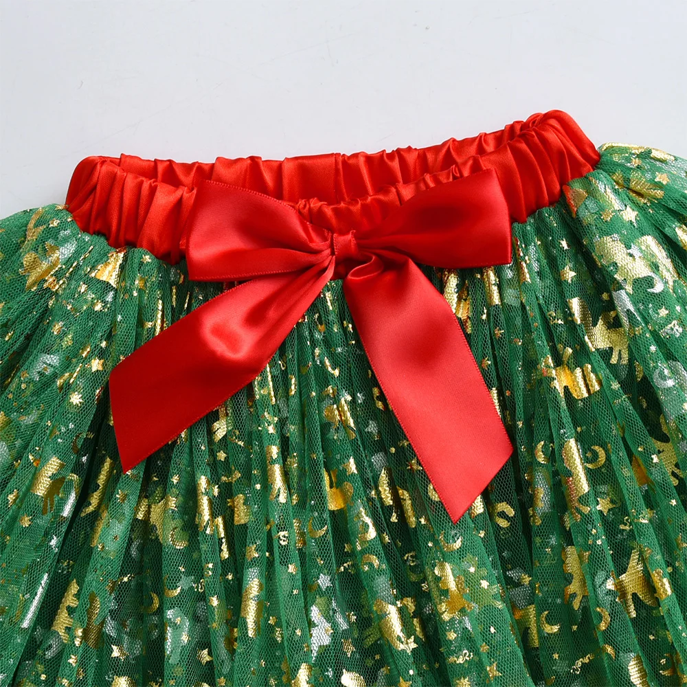 VIKITA Girls Christmas Green Red Skirts with Bowknot Kids New Year Reindeer Print Gift Skirt Kids Ruffles Princess Party Skirt