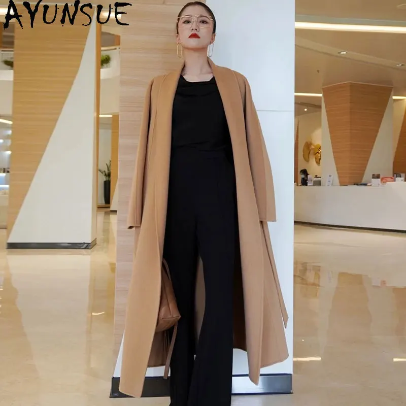 AYUNSUE 100% Cashmere Coat Women Luxury Long Coats Woman 2024 Autumn Winter Fashion Clothes High Quality Jacket Пальто Женское