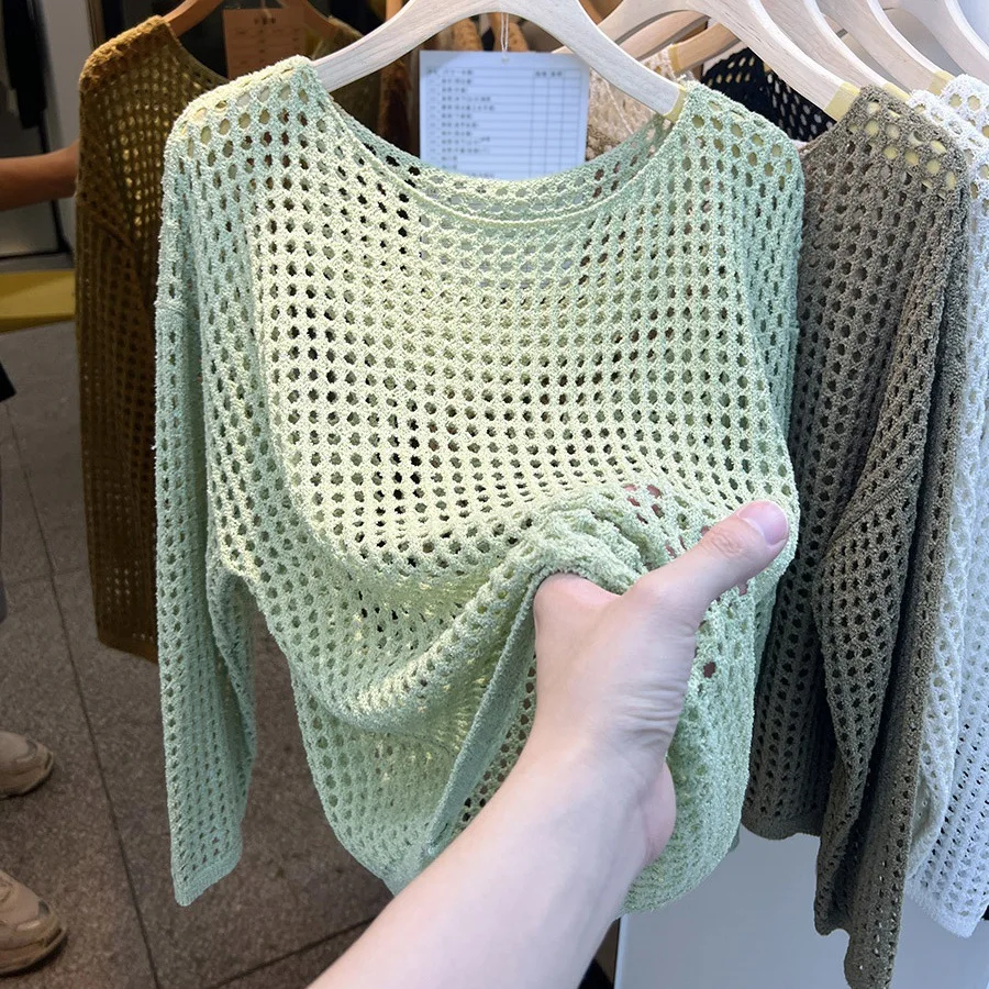 

2026 New Sexy Beach Cover Up Women's Long Sleeves Beach Dress Hollow Knitted Crew Neck Mesh Skirt Summer Vacation Swimwear Party