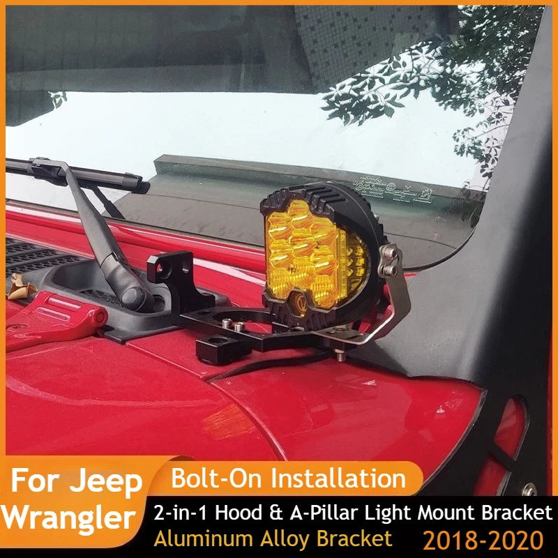 

Кронштейн для крепления фар на капот и передние стойки для Jeep Wrangler 2018-2020, 2-в-1, с неразрушающей установкой, из алюминиевого сплава