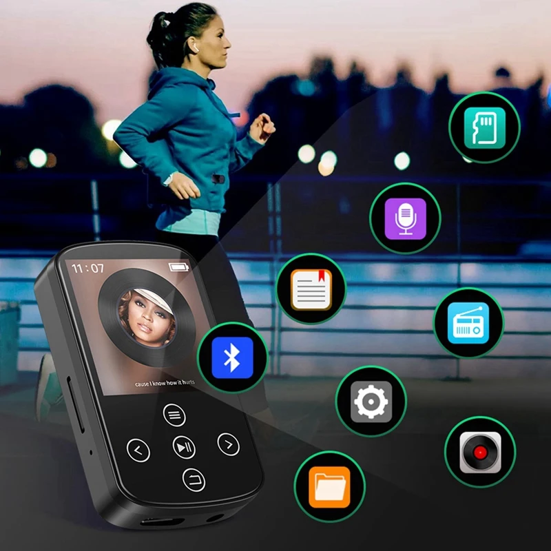 Sport Bluetooth Mp3 Speler Met Clip 1.5 Inch Full Touch Screen Mini Video Speler Fm Radio Recorder E-Book Tf Kaart