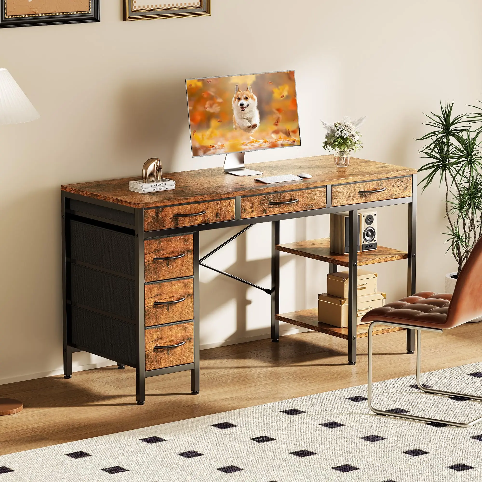 JHK 55 Inch Computer Desk with 6 Drawers Writing Study Corner Living Room Work Table with Storage Shelves for Home Office