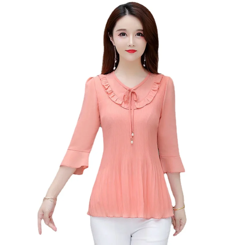 

Spring and summer five quarter sleeved chiffon shirt type T-shirt top Middle aged mother looks thin and covers her belly