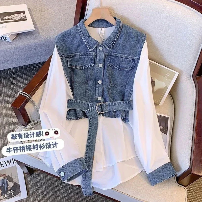 Koreanische Frauen Denim Hemd Frühling Sommer Langarm Temperament Spleißen Damen Tops Gefälschte Zwei Stücke Mode Lose Dame Bluse