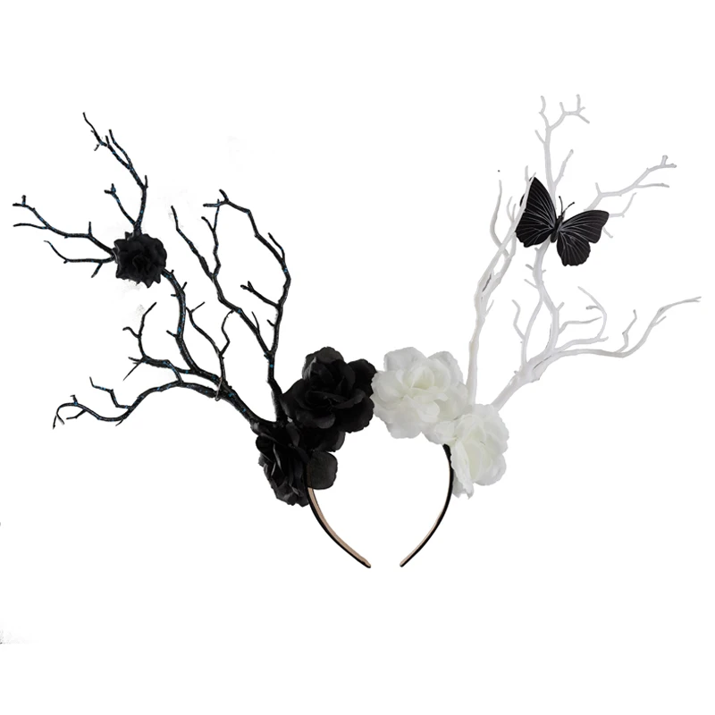 Fascia per capelli di Halloween Gothic Retro Black Rose Tree Branch Hairband fiori Vintage farfalla costumi Cosplay copricapo