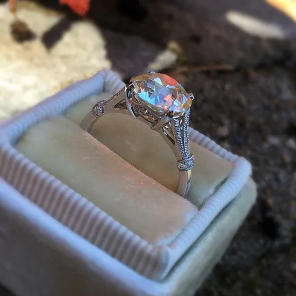 Fashion Big Round Crystal Zircon Stone Ring Luxury Female S925 Stamp Silver Color Wedding Jewelry Promise Bridal Rings for Women