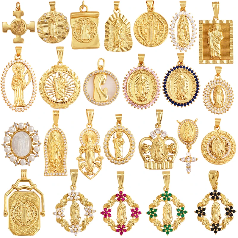 Holy Religious Jesus Crown Virgin Mary Charms Pendant,Gold Plated Inlaid Colourful Zircon Shell Jewelry Necklace Accessories M29