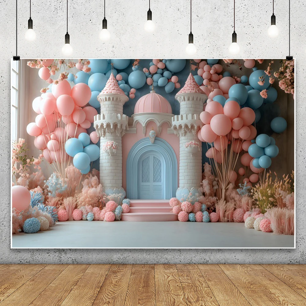Colorful Balloon Flower Castle Princess Girl Birthday Party Decor Backdrop Fairy Tale Castle Photography Background Photo Studio