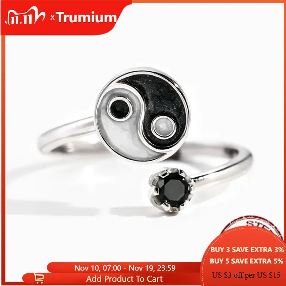 

Trumium 925 Sterling Silver YINYANG Round Eight Diagrams Ring for Women Black White Adjustable Ring Trend Fashion Jewelry