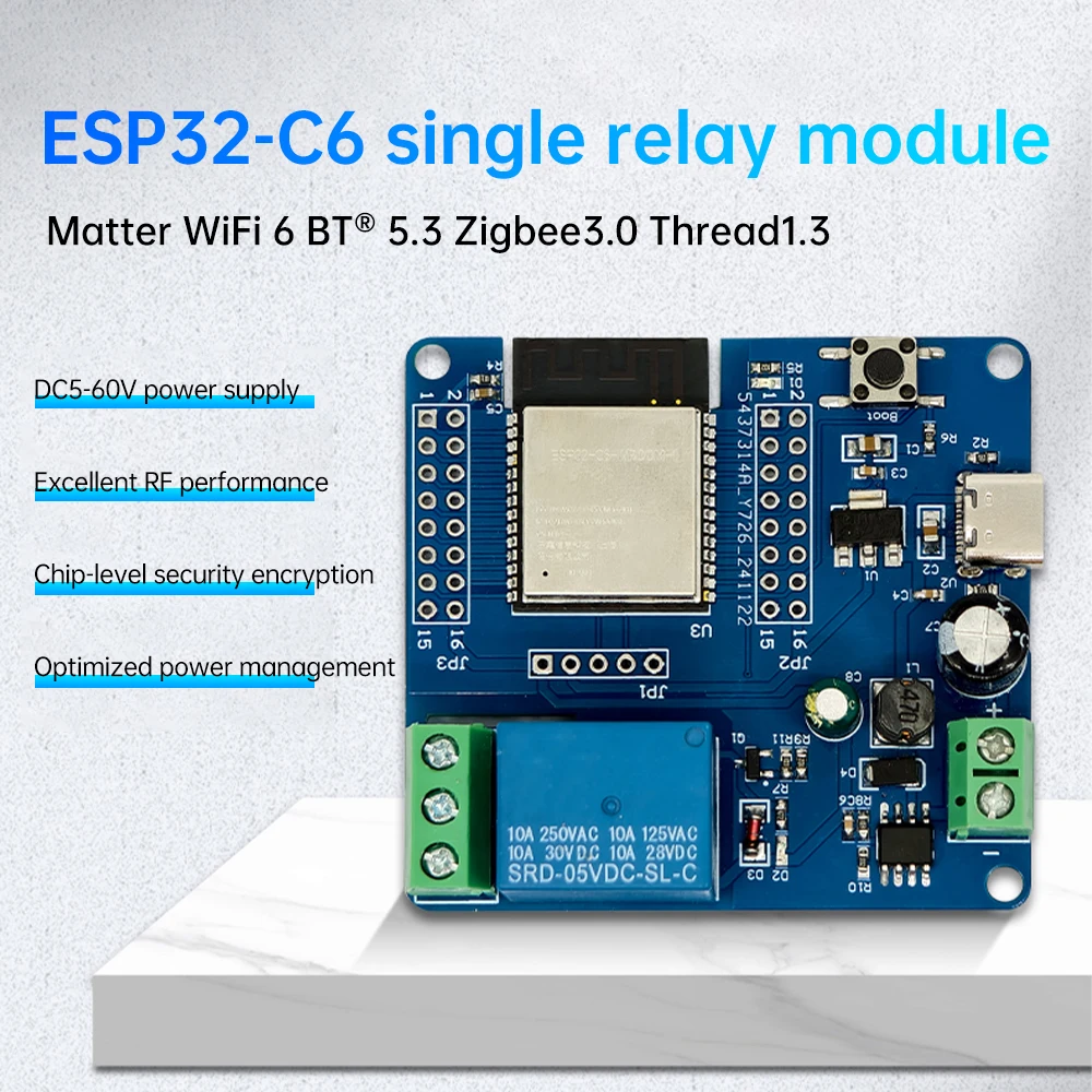 DC 5-60V Single Relay Module onboard ESP32-C6 WIFI Bluetooth5.3 Development Board Module Type-C Interface Supports SPI/UART /I2C
