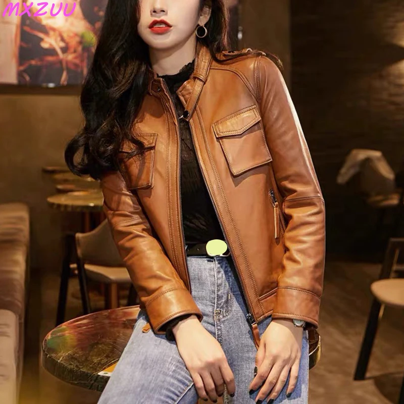 Autumn Clothes Women Genuine Sheepskin Short Locomotive Jaqueta Feminina Stand Collar Slim Vintage Versatile Brown Leather Coat