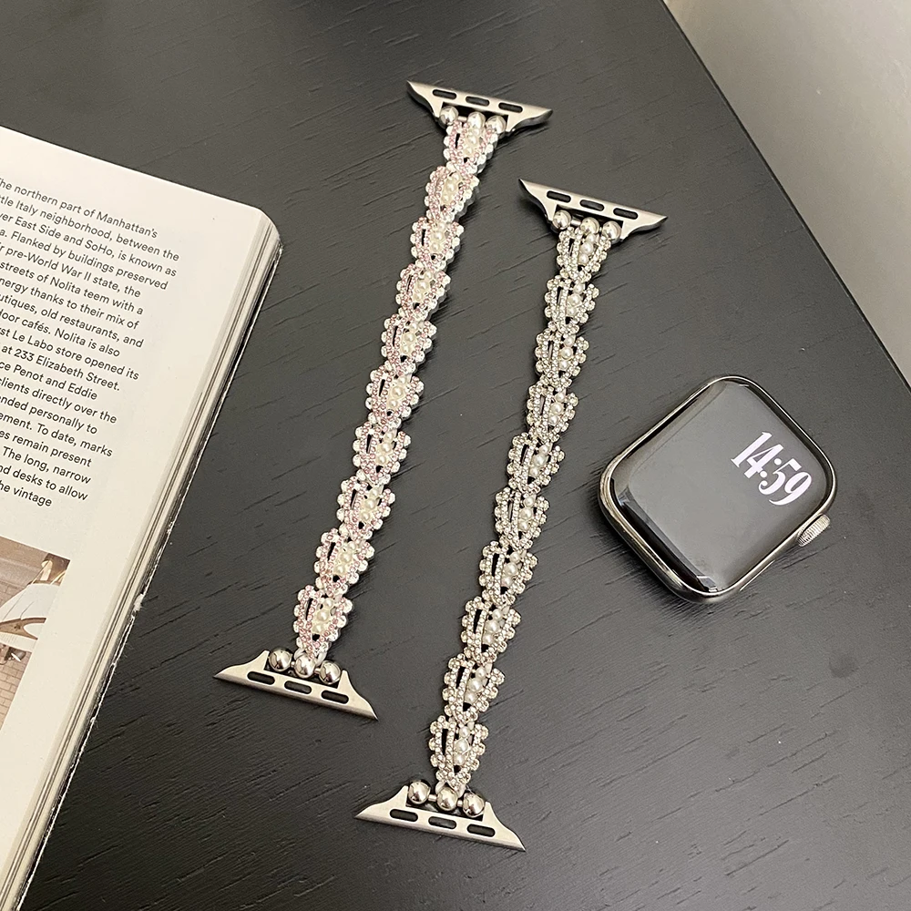 

10 шт. Роскошный женский браслет в форме ракушки с бриллиантами и жемчугом для Apple Watch SE Ultra Series, ремешок для часов, оптовая продажа