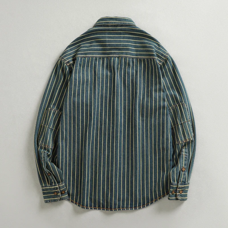 Men Heavyweight Washed Vintage Blue Striped Denim Shirt Amekaji Long Sleeve Button Up Casual Layering Shirt Jacket