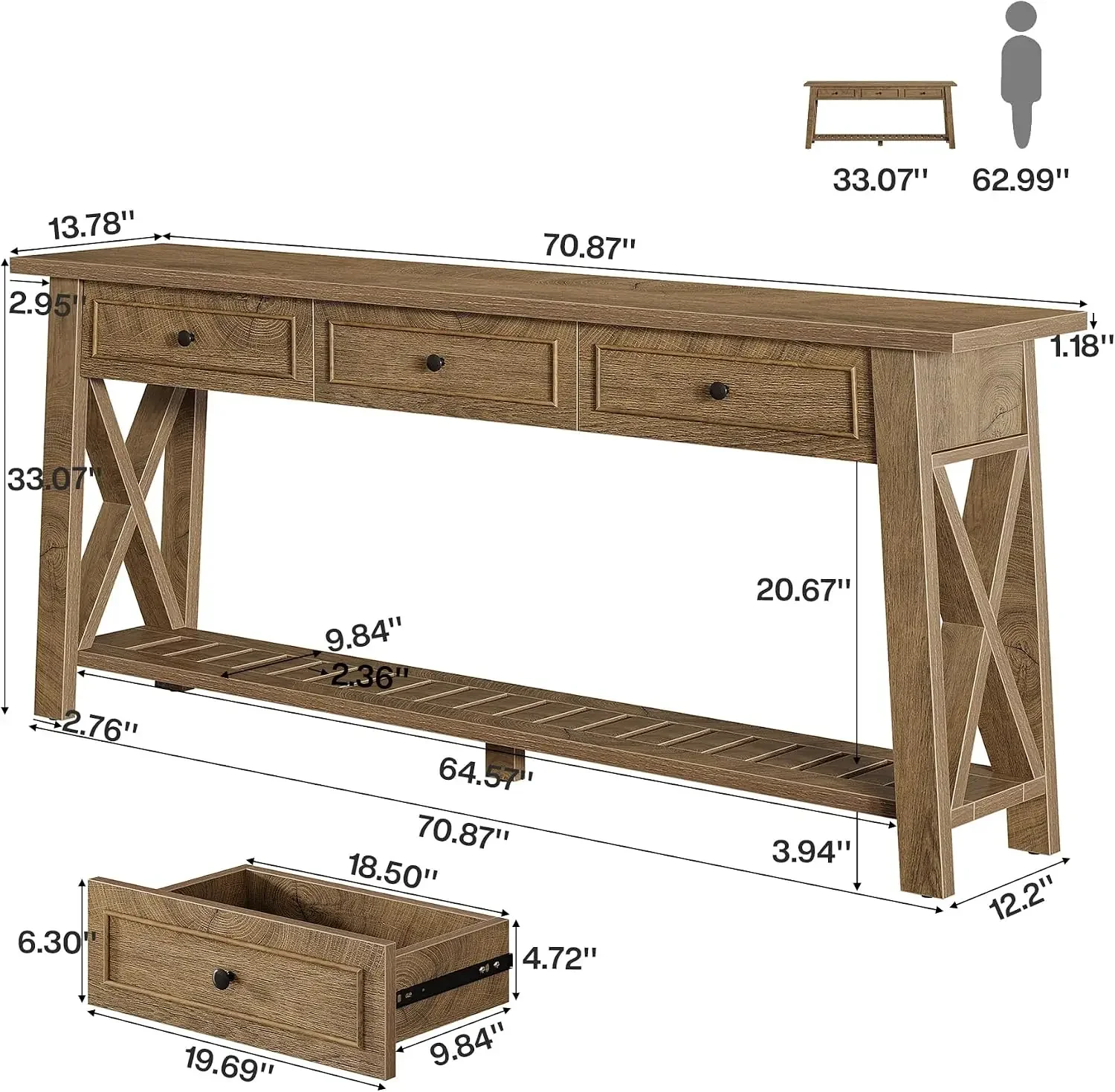 Console Table with 3 Storage Drawers, 70.87 Inches Extra Long Sofa Table Behind Couch with Bottom Shelf, Farmhouse Wooden Entryw