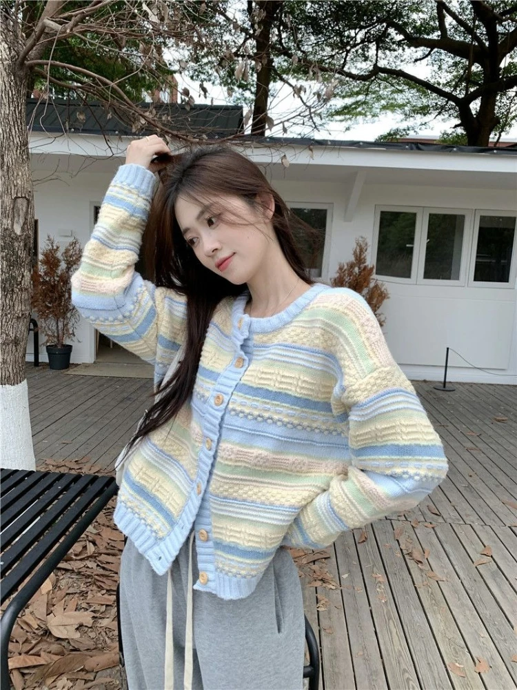 Women Fall Korean Color Block Striped Knit Cardigan Loose Casual Sweater Trendy Autumn Outwear