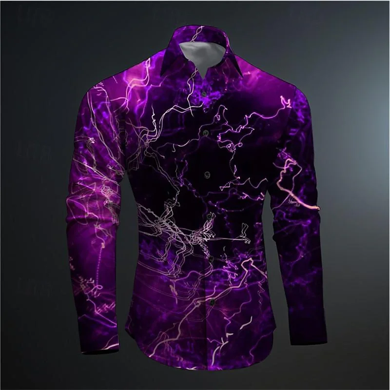 2024 Men\'s Shirt Glitzy Thunder Casual 3D printed shirt Party Street holiday upside-down long sleeve shirt