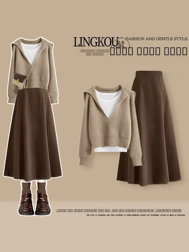 

Мягкий нежный женский осенний комплект, юбка с высокой талией, свитер, базовый слой, жилет, футболка, милая молодежная повседневная одежда