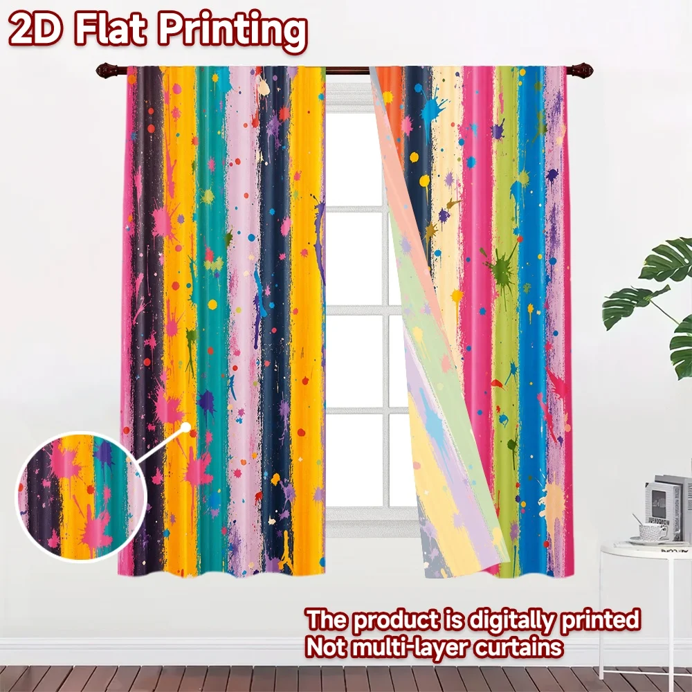 2D flat 2pcs Curtain Retro Country Style Curtains Colorful Paint Splatter Stripes Digitally printed polyester, colorfast Holiday