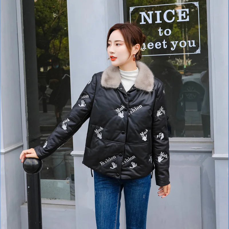 Women's Leather Down Winter Jacket Fashion Short Thick Raccoon Dog Fur Collar Outerwear Genuine Sheepskin Single breasted Coat