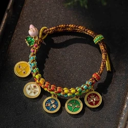 Handmade Tibetan Bracelet Colorful Rope Handchain Five Way God of Wealth Bangle Adjustable Pulling Rope Wristchain