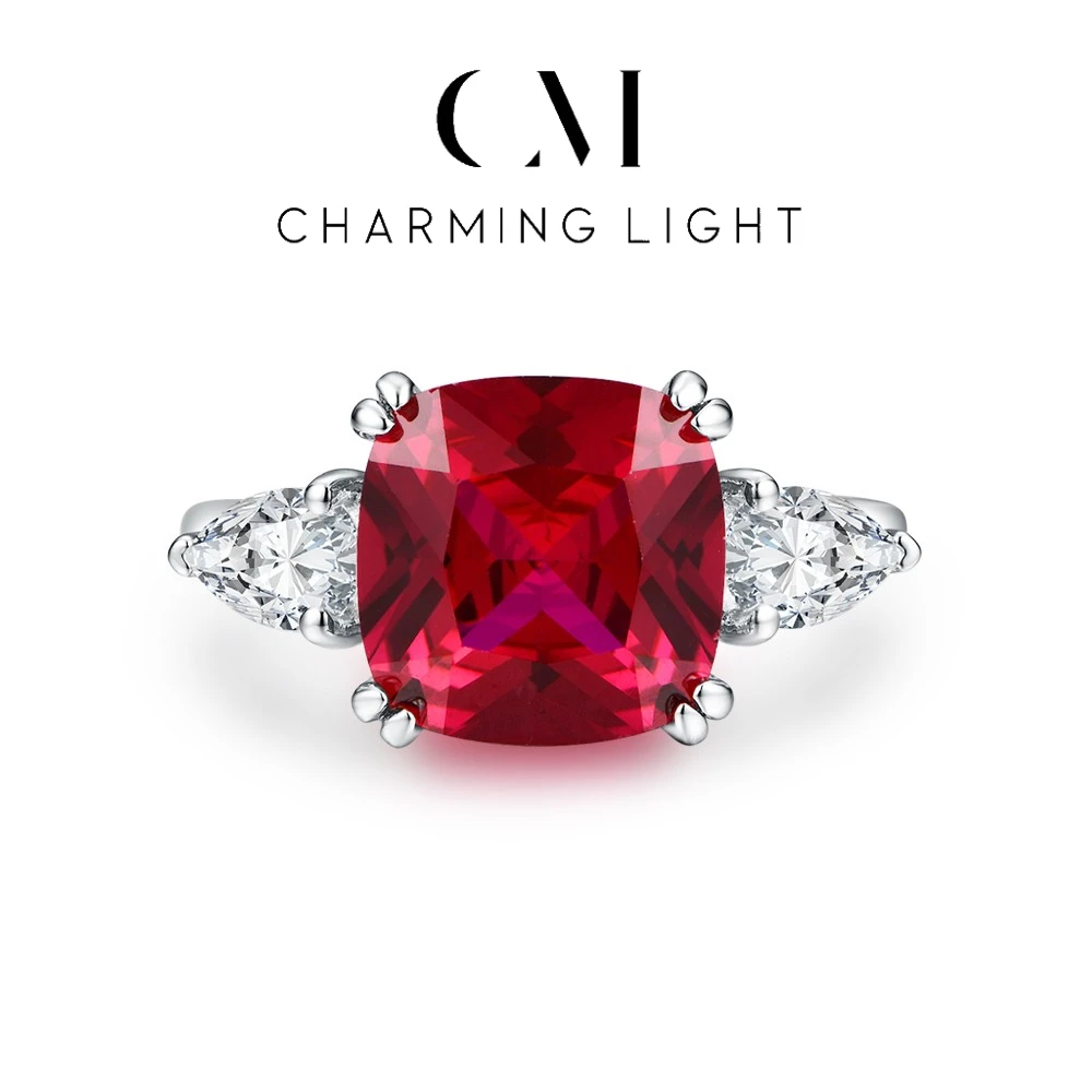 

CHARMING Luxury Jewelry Ruby Sapphire Emerald Rings 10*10mm Gemstone 925 Sterling Silver for Women Classic Style Fine Jewelry