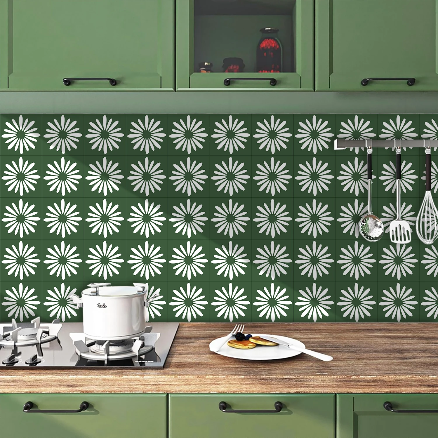 10pcs Green Daisy Matte Surface Tiles Wall Stickers Kitchen Cabinet Tables Peel & Stick Waterproof Wall Decals Art Mural