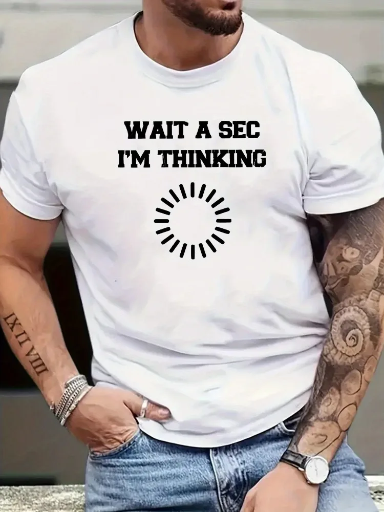 Men O Neck Tee Thinking Loading Text Print Cotton Short Sleeve Loose Summer Street Breathable Daily Casual Basic Wear Top