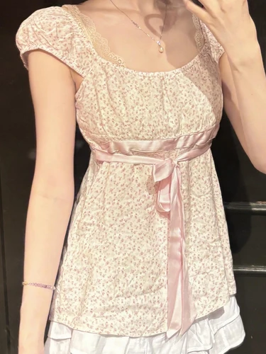 Imagen 2 del producto Camiseta ceñida con estampado Floral rosa para mujer, camisetas sexis con pliegues y cuello cuadrado con cordones, camisetas Vintage dulces con espalda descubierta para verano