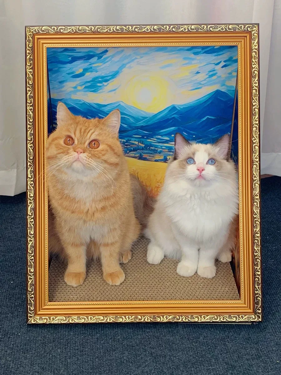 

2025 New Style Cat Scratching Board Durable Recyclable Cat Scratcher Cardboard Oil Painting Style Picture Frame Cat Nest