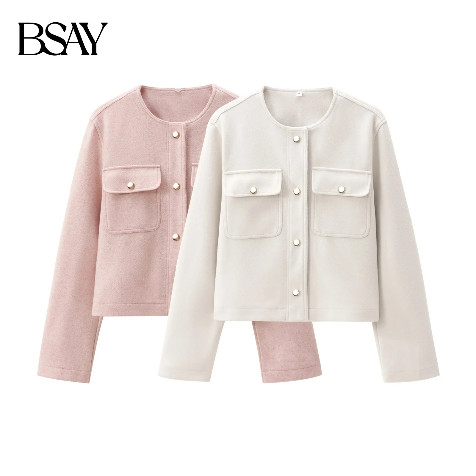 

BSAY Замшевая текстурированная куртка Женская мода 2024 Осень Новый карман с длинными рукавами Однобортный круглый вырез Мягкие белые короткие пальто