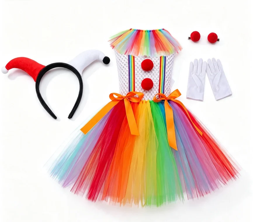 Halloween Masquerade Party Role Play Funny Fashion Colorful Mesh Tutu Dress With Headband Accessories Set Stage Performance Wear