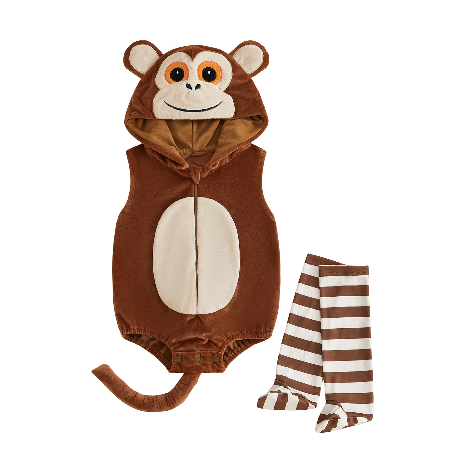 Baby Monkey Halloween Costume, Cute Plush Long Sleeve Hooded Romper and Striped Stockings