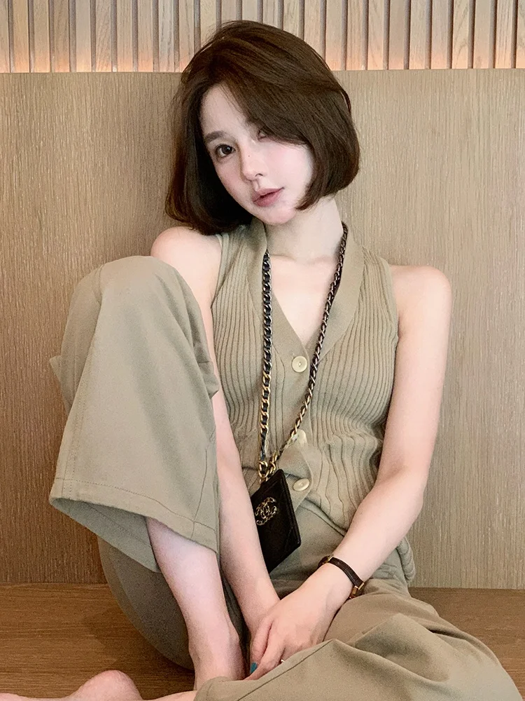 

Perfect Waistline Slimming Knitted Vest Ne Hanging oulder Digging Super Thin Tee-Color Pit Stripe Knitted Vest Women