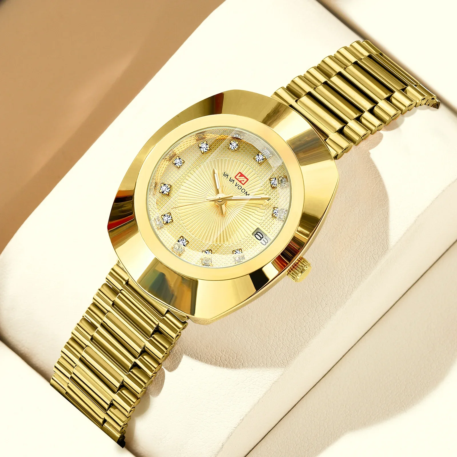 Couple Quartz Watch Gold Diamond Waterproof Stainless Steel Calendar Watch